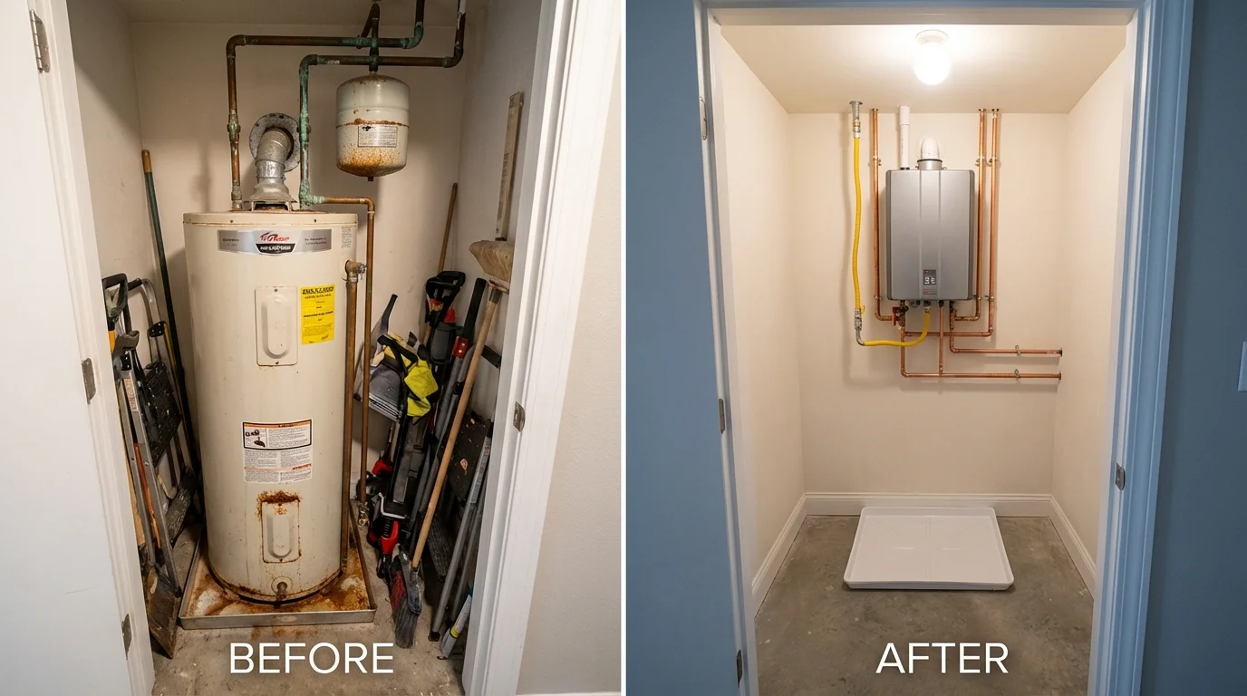 Tank water heater versus wall-mounted tankless unit comparison for Thornton, CA homeowners