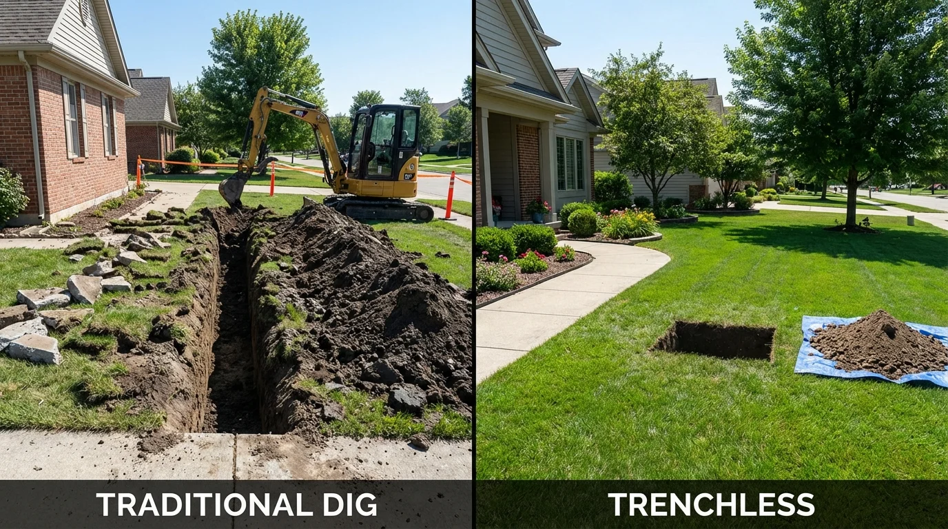Trenchless sewer repair with minimal yard damage versus traditional excavation in Thornton, CA