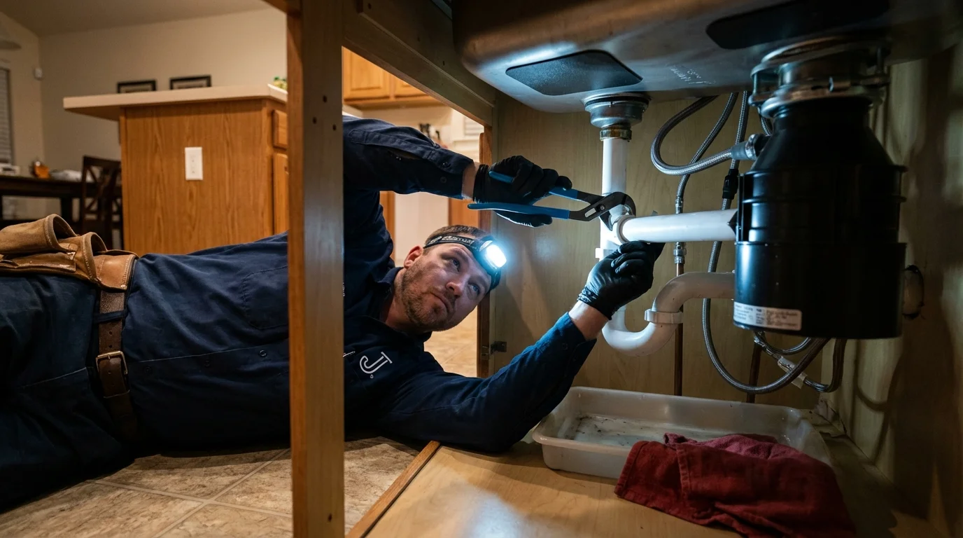 P-trap and supply line connections under a kitchen sink showing a common leak point in Thornton, CA